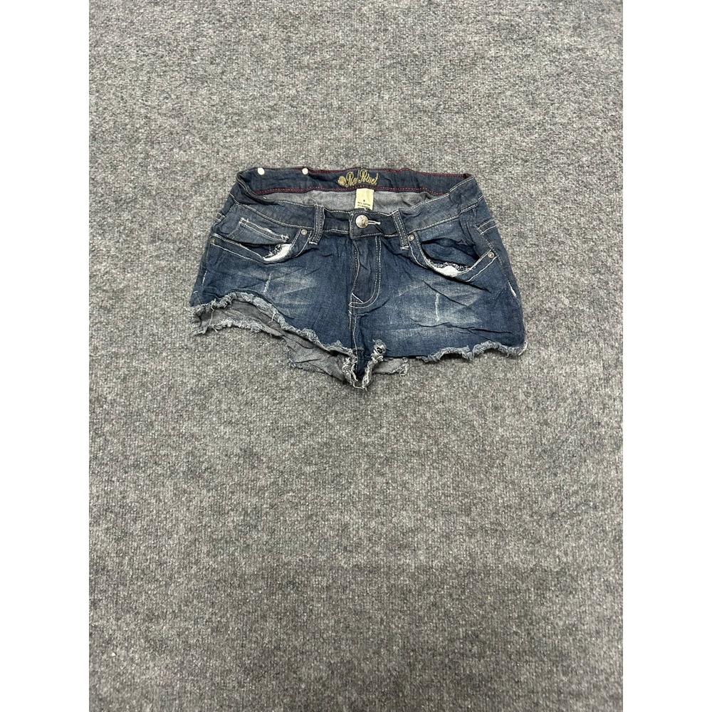 Red Rivet Denim Shorts Womens Size 5 Dark Wash Distressed Raw Hem Low Rise
